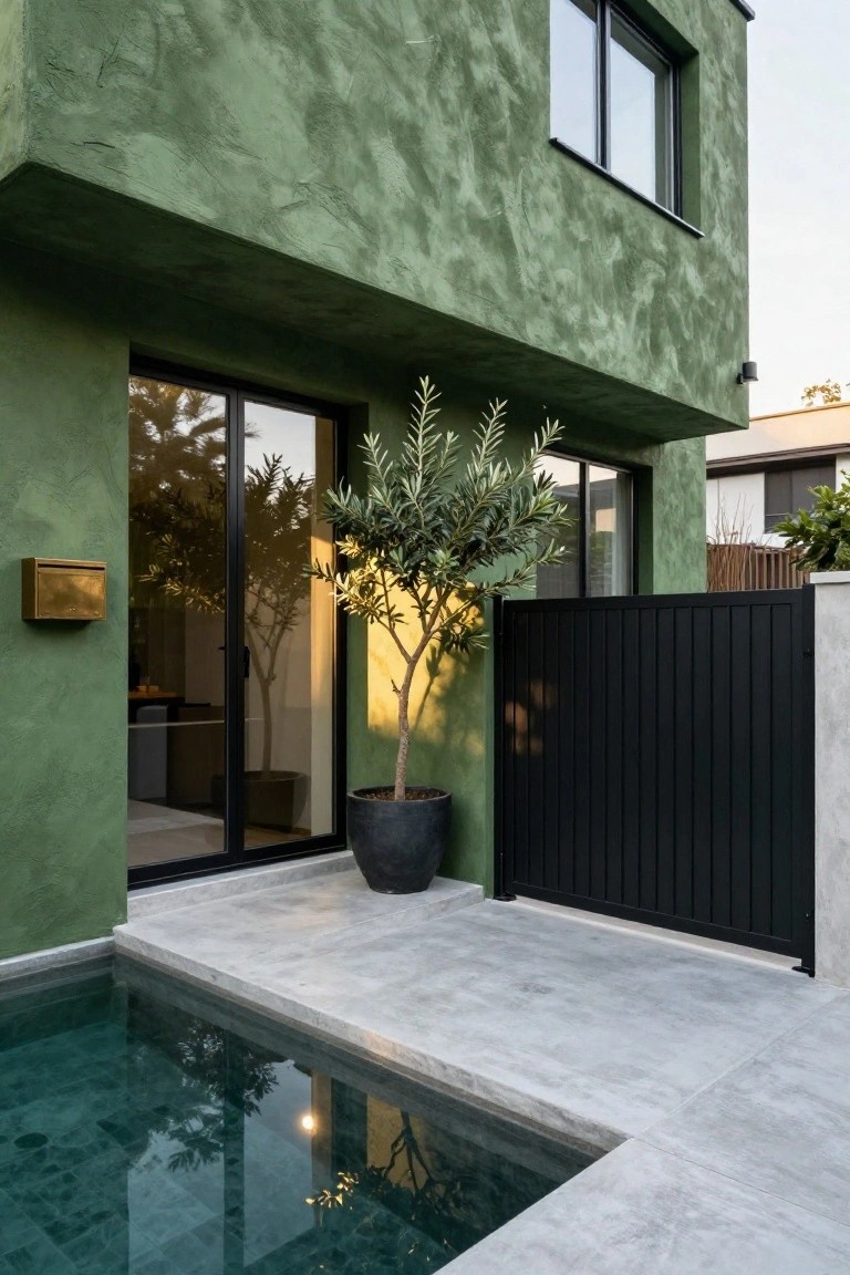 Corner view of a modern house exterior with deep green textured stucco walls, black sliding glass doors reflecting an olive tree in a black pot, a brass mailbox, black slatted metal gate, and small turquoise-tiled pool on gray concrete paving.
