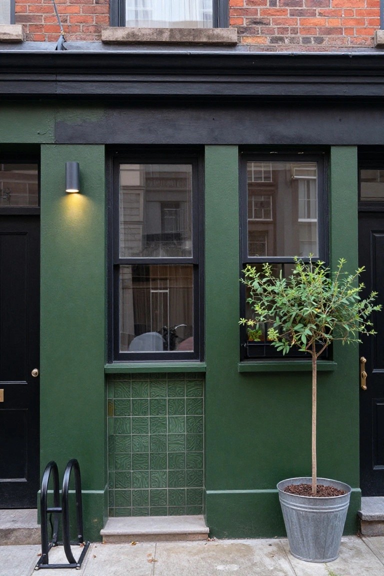 Narrow two-story townhouse exterior with deep green painted walls, black front doors and window frames, tiled panel by the entrance, potted tree in a metal bucket beside the door, and bike rack on the sidewalk.