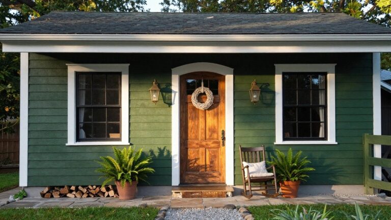 Front view of a two-story house with deep moss green siding, white trim, gabled roof with dormer window, covered porch featuring wooden door with wreath, lanterns, rocking chair, firewood stack, plants, and gravel path with picket gate.