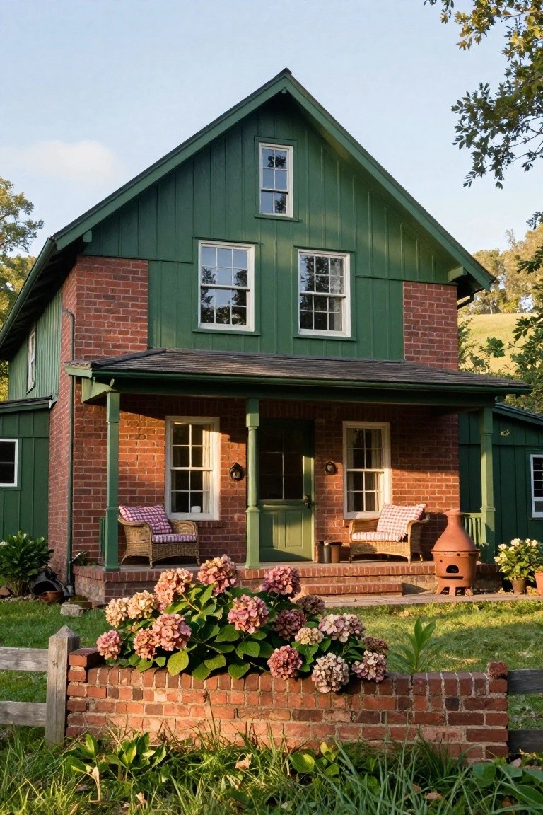 Two-story house with deep green clapboard siding, red brick foundation and chimney, covered front porch with wicker chairs, and pink hydrangeas along a brick-edged garden bed in front.