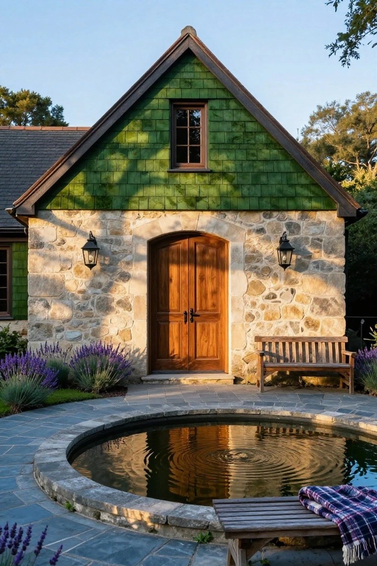 Small cottage with deep green shingle siding and gabled roof over a stone base and arched wooden double door flanked by lanterns, next to lavender plants, a wooden bench, and a circular stone fountain on a slate patio.