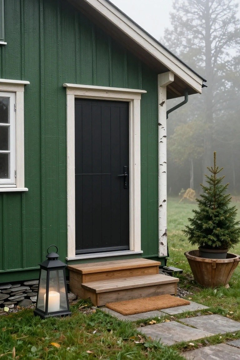 Green vertical board-and-batten house exterior with white trim around a black paneled front door and window, wooden steps leading up to a doormat, black lantern with candle, potted small fir tree, and misty birch forest background.