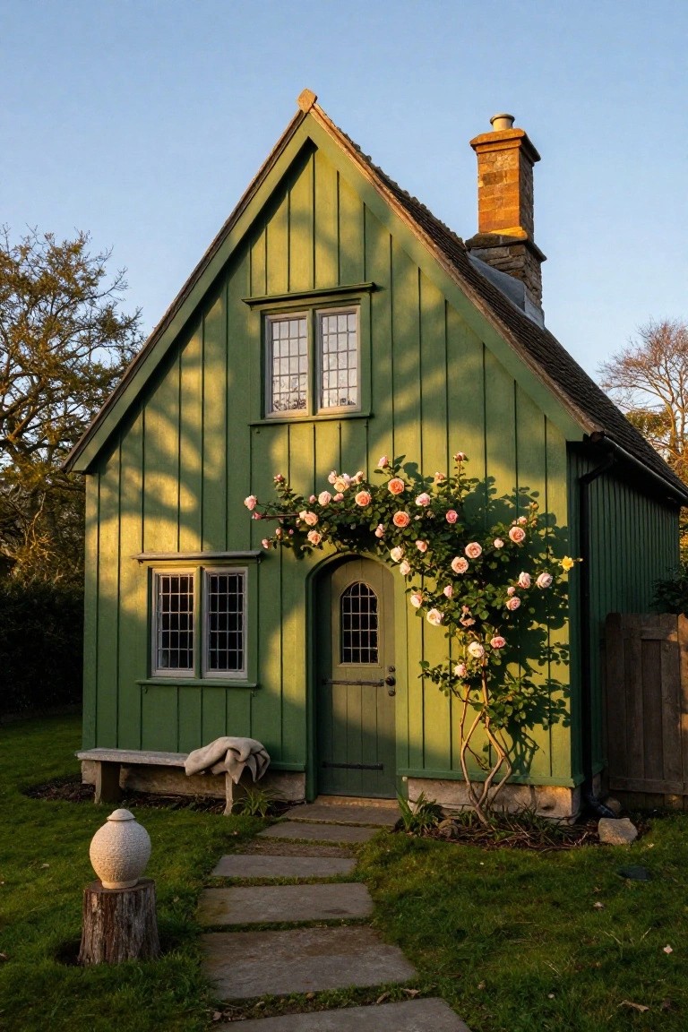 A deep green clapboard cottage with gabled roof, tall leaded windows, arched green door covered in pink climbing roses, wooden bench with blanket nearby, stone path, and stone urn on log stump in front yard.