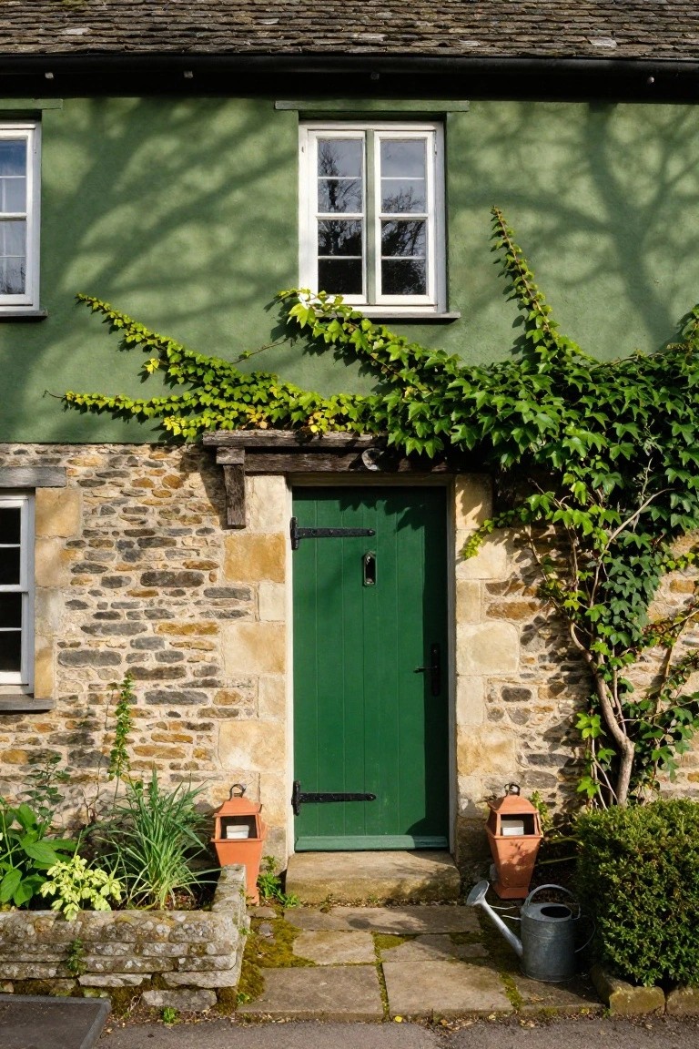 Green-painted plaster and stone cottage exterior with dark green front door, climbing ivy on walls, terracotta lanterns flanking the entry, potted plants, and a watering can on stone path.