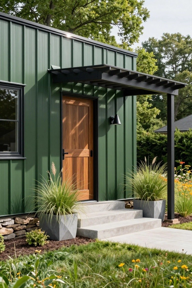 Front view of a small house with deep green corrugated metal siding, a wooden entry door under a black metal pergola supported by posts, concrete steps, potted tall grasses on either side, and surrounding landscaping with flowers and stone wall.
