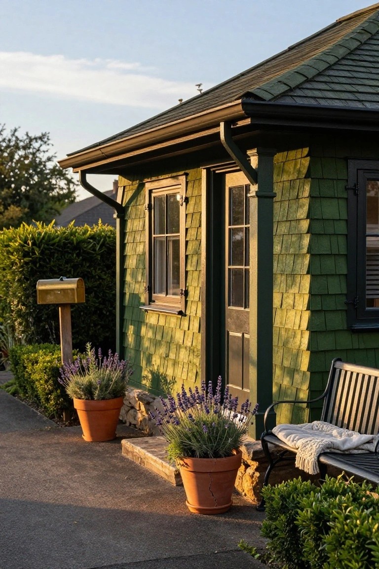 Moss green shingled garden shed with double doors, two windows, potted lavender plants, wooden bench with blanket, hedges, and gold mailbox on a concrete path.