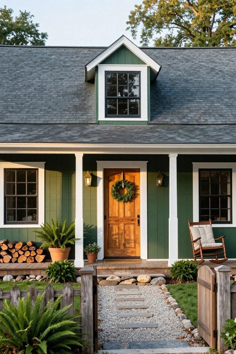 Front view of a two-story house with deep moss green siding, white trim, gabled roof with dormer window, covered porch featuring wooden door with wreath, lanterns, rocking chair, firewood stack, plants, and gravel path with picket gate.