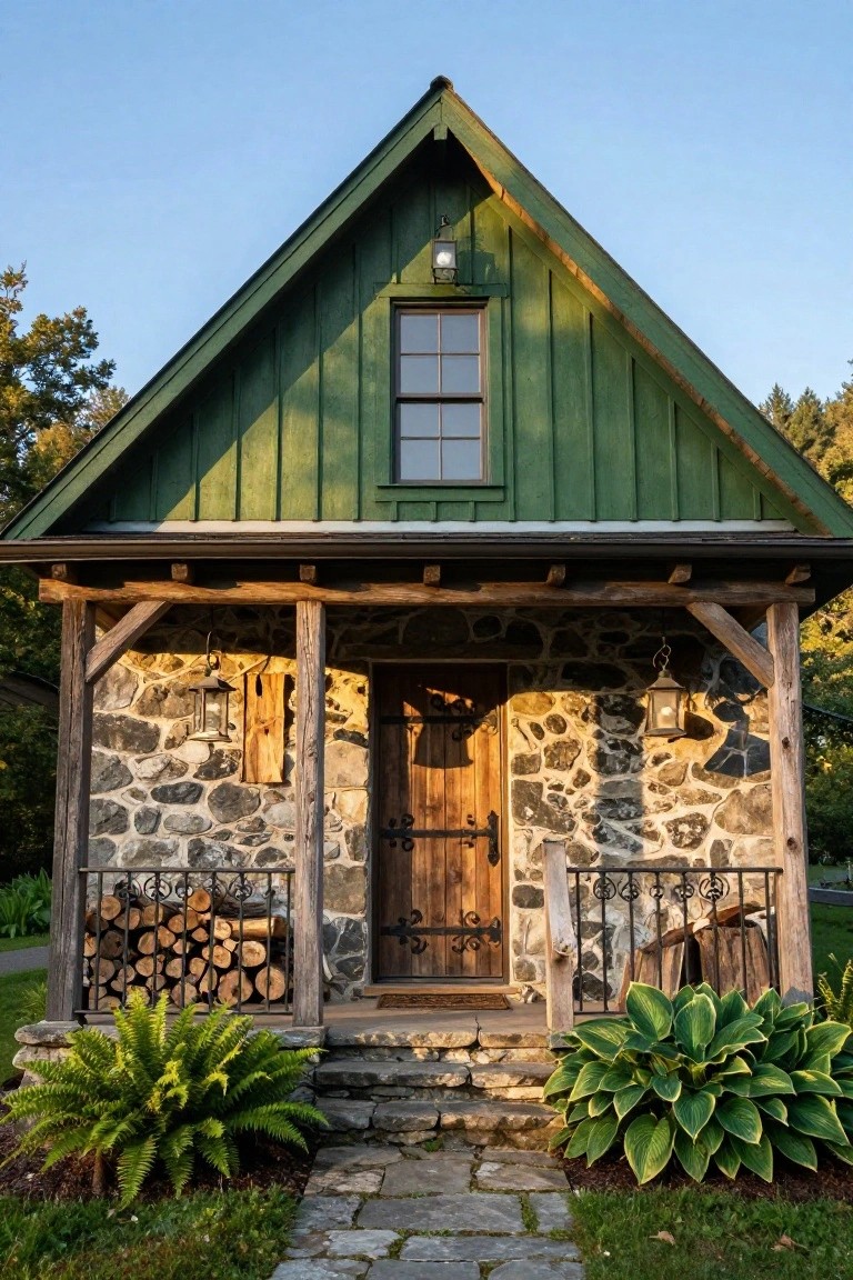 Small A-frame cabin with deep green vertical siding over a fieldstone foundation, wooden porch with lanterns, firewood stack, hostas and ferns flanking a stone path.