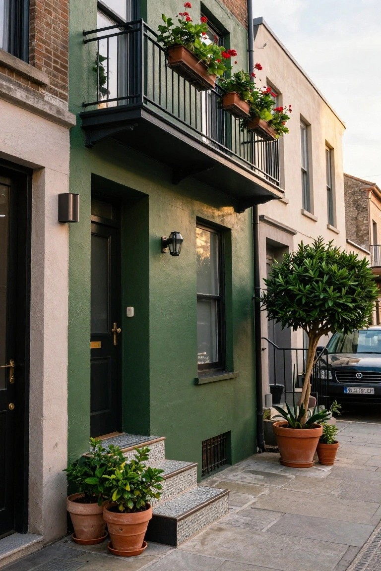 Narrow two-story terraced house painted deep green with black metal balcony holding red geranium planters, green front door, steps flanked by potted plants, and adjacent buildings on a paved street.