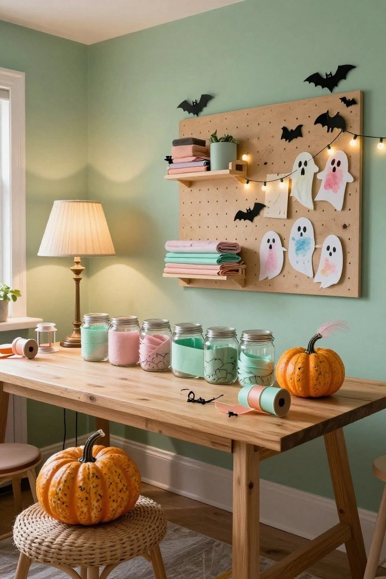Curved turquoise banquette in room corner around round table covered in pink linen cloth, set with stacked white plates, silverware, small orange and white pumpkins on orange dish, linen napkin bundle, pampas grass arrangement with string lights nearby.