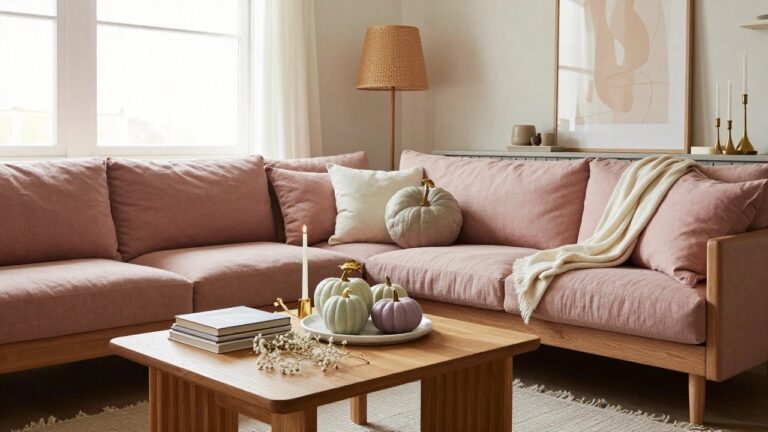 Light beige linen sofa in a corner living room with wooden coffee table holding woven tray with pastel pumpkins, amber glasses, white vase of dried flowers, books, and ghost figure, near floor lamp, fireplace, and wall art of smiling pumpkin.