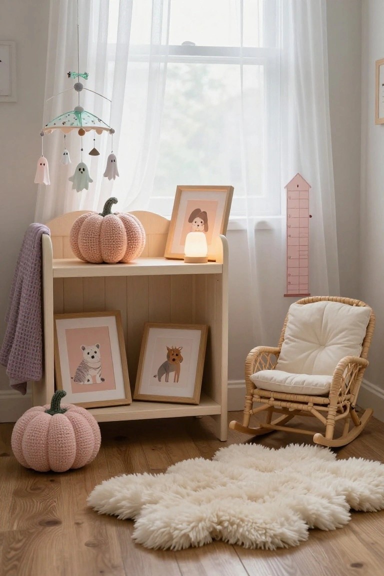 A nursery with a mint green crib under a white ghost mobile, purple pumpkins on the windowsill, a pink velvet rocking chair with a throw blanket, wooden toy basket, and framed black-and-white animal prints on beige walls.