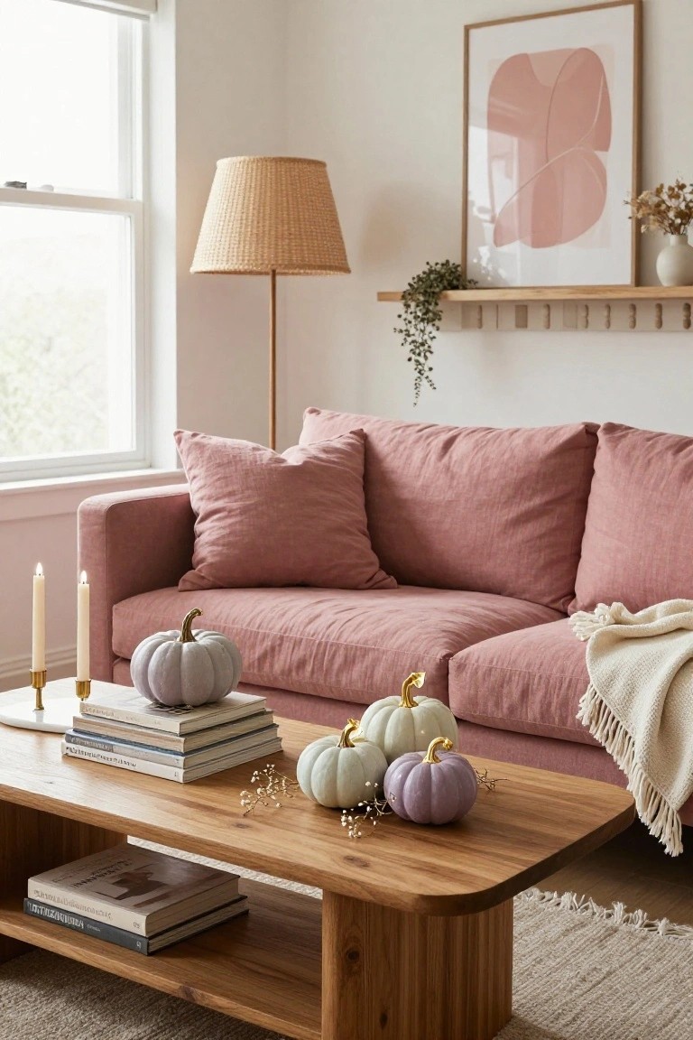 Light beige linen sofa in a corner living room with wooden coffee table holding woven tray with pastel pumpkins, amber glasses, white vase of dried flowers, books, and ghost figure, near floor lamp, fireplace, and wall art of smiling pumpkin.