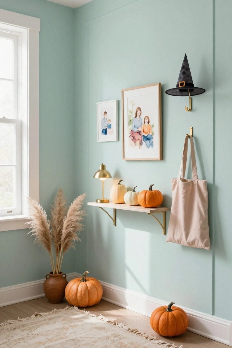 Gold metal bar cart holding pink cocktail shakers, two glasses of pink drinks, small decorative pumpkins, jar of lit dried oranges, bowl of nuts, and a framed recipe card next to a beige wall in a room with a patterned rug.