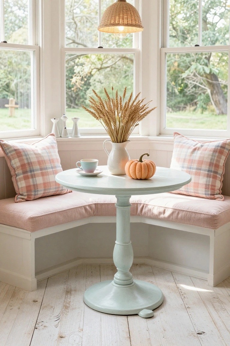 Two women crafting orange and pink felt pumpkins and ghosts at a wooden table covered in kraft paper, with paints, glue, scissors, tape, and candy bowls nearby in a bright kitchen room.