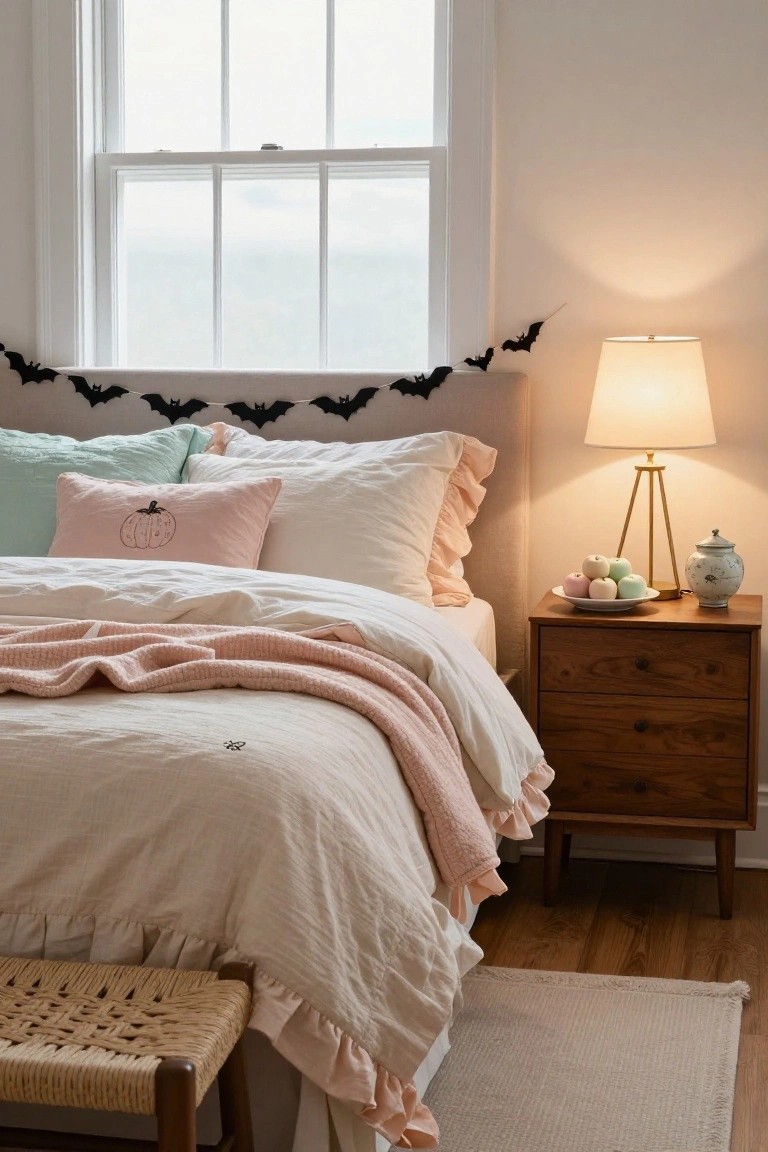 Open white kitchen shelves holding pastel pink and teal labeled jars, stacked bowls in pink, teal, and white, an orange jack-o-lantern pumpkin, hanging beige linen aprons, and a small wooden-framed chalkboard sign reading 
