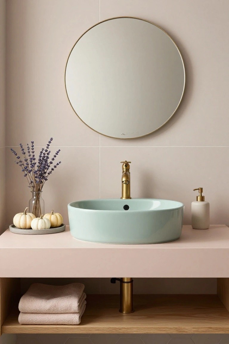Small white subway tile bathroom with floating white marble sink, gold bridge faucet, pink pumpkin-shaped soap dispenser, round gold mirror, beige fringed towel on gold hook, and white toilet.