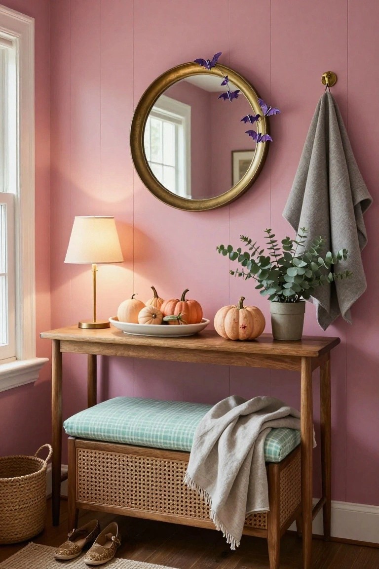 Bedroom corner with rattan headboard bed covered in white and pink linens, wooden nightstand holding a lamp, books, and small orange, green, and white pumpkins, macrame wall hanging above, and potted snake plant by curtained window.