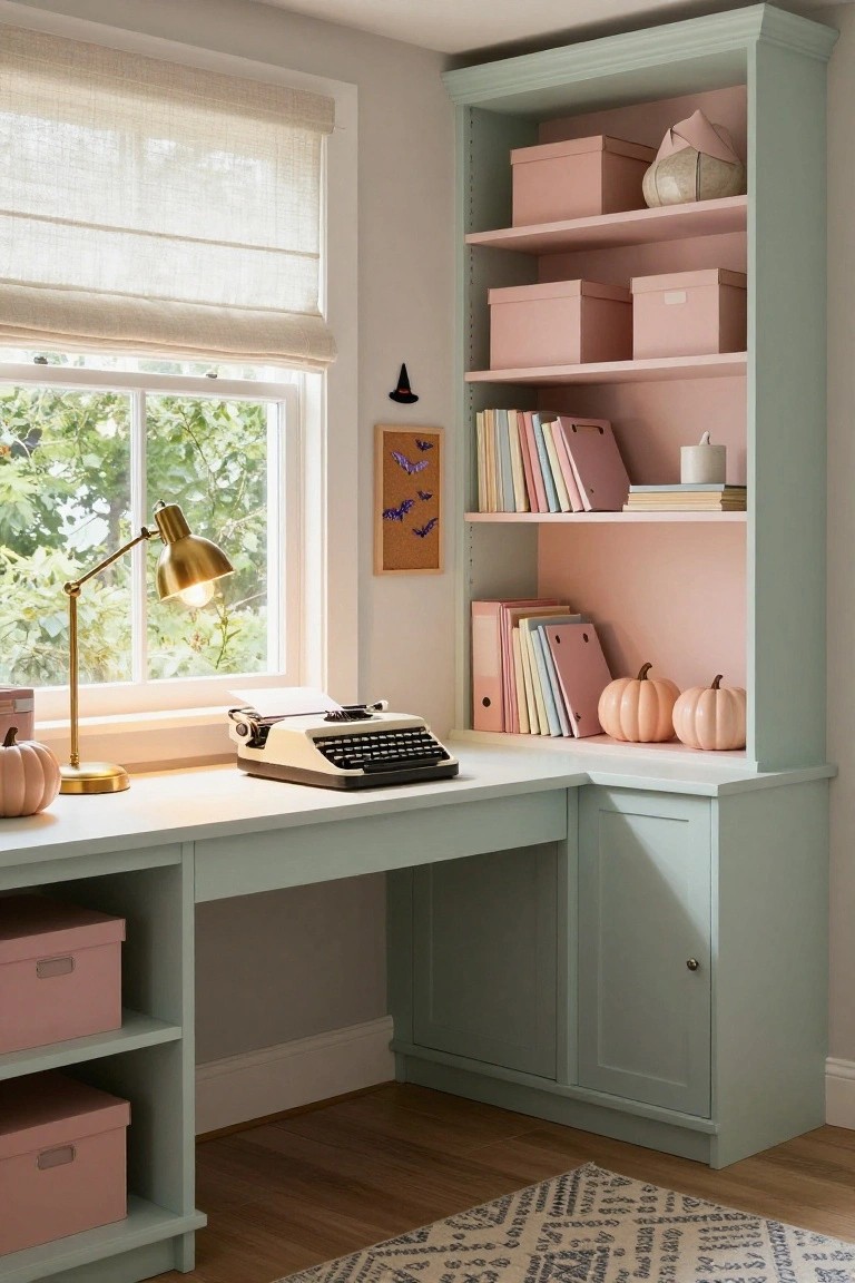 Purple-walled room corner with white desk, gold desk lamp, teal vase with pencils, white floating shelves holding books and pink boxes, corkboard with notes, and potted dried grass.