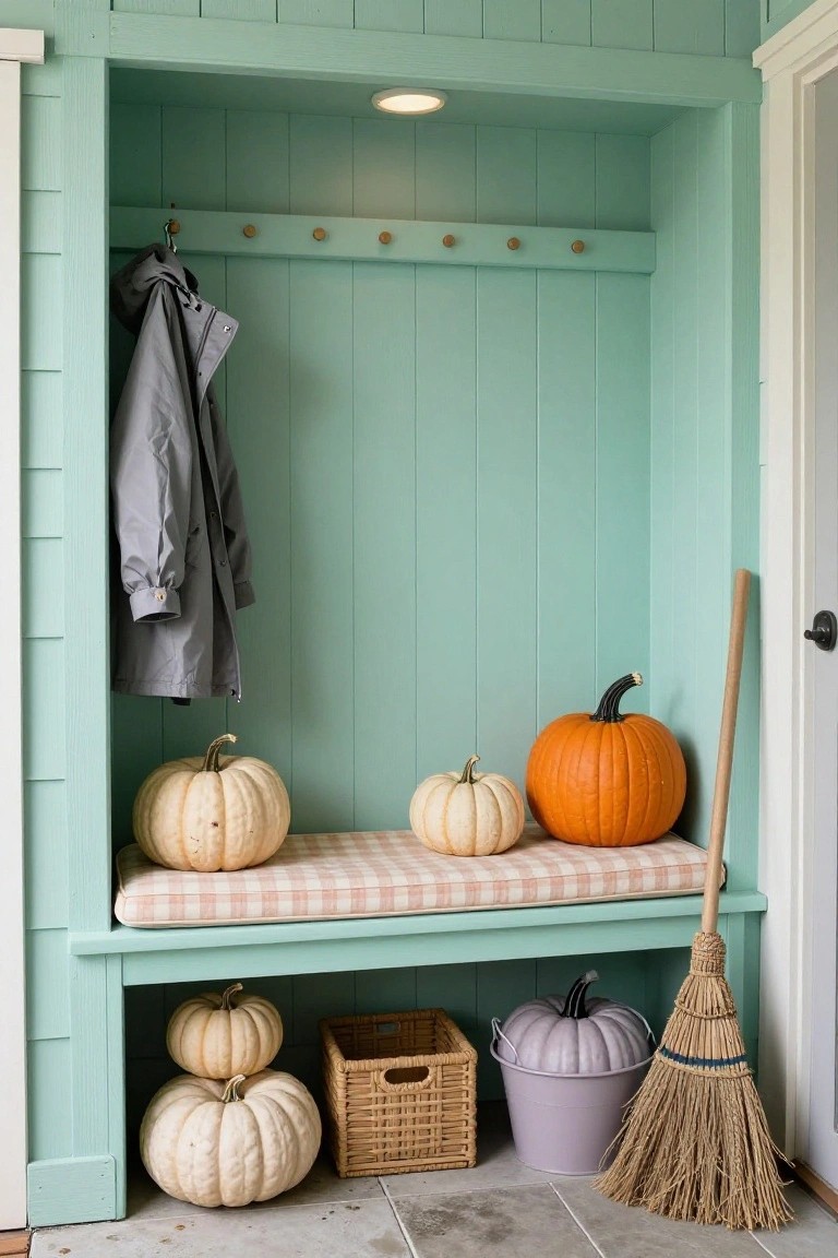 Cozy interior corner with peach velvet L-shaped sofa, mint green and lavender pillows, large potted fiddle leaf fig plant next to a window with sheer white curtains, rattan lamp, white teacup of coffee, and small orange pumpkins on a round wooden side table.