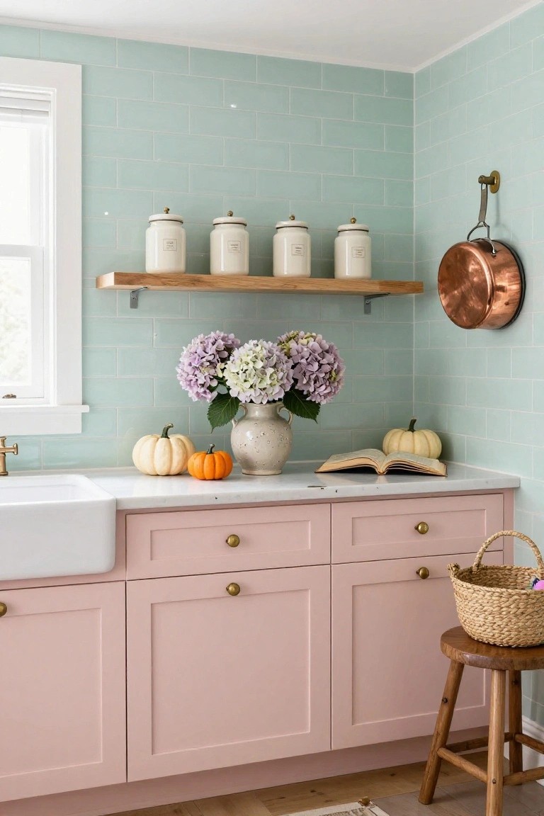 Sage green kitchen island countertop with wooden cutting board holding oatmeal raisin cookies, glass mason jar filled with candy corn next to a small orange pumpkin, pastel pumpkins on shelves and counter, pink bowls above, gold pendant light overhead.