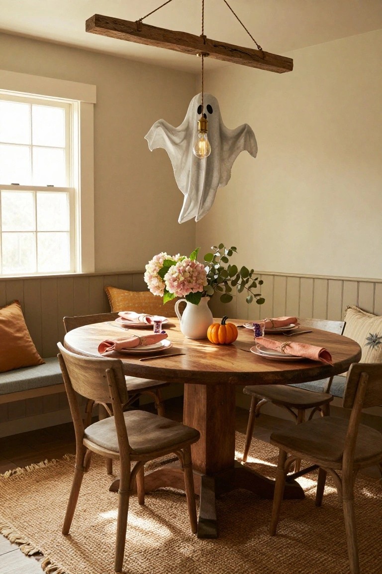 Dining table centered with stacked pastel pumpkins in white, orange, and purple, gold candlesticks, pampas grass in a pink vase, and white plates with linens, surrounded by mint green chairs under a rattan pendant light.