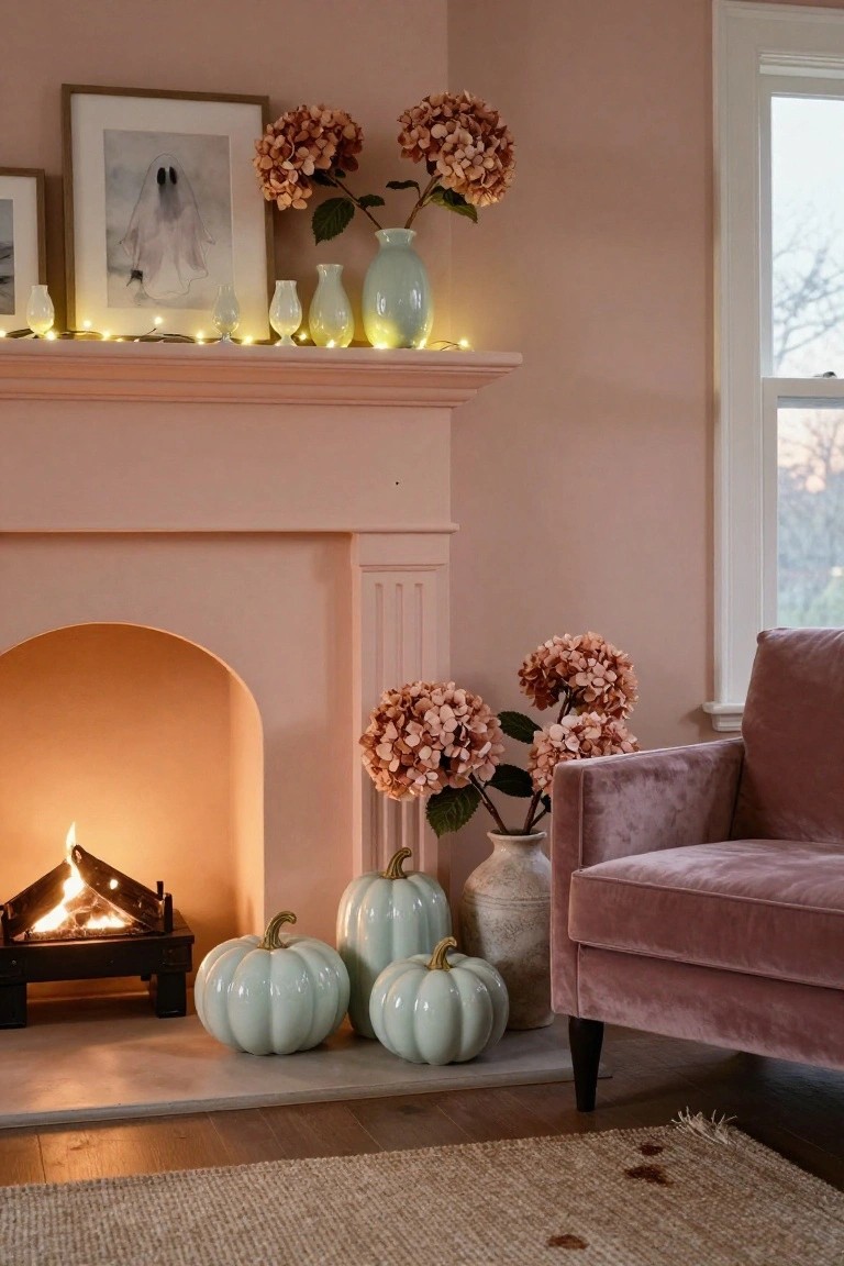 Mint green kitchen hutch with open shelves displaying clusters of white ceramic pumpkins, potted plants on shelves and counter, folded white towels, and a basket on the gray countertop.