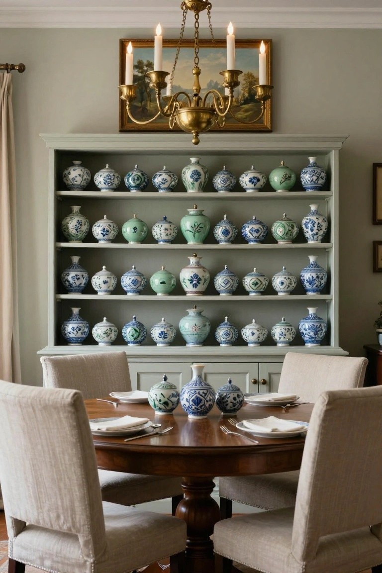 Tall painted gray china cabinet with open shelves displaying numerous blue and white porcelain ginger jars and vases, round wood dining table set with plates and smaller vases, beige upholstered chairs, brass chandelier with lit candles above, in a light green-gray room.