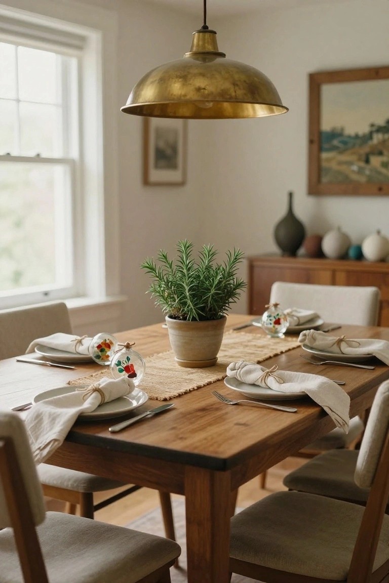 Dining table set with white linen napkins tied to colorful glass Christmas ornaments on plates, a terracotta pot of rosemary as centerpiece, seagrass runner, and beige upholstered chairs in a light-filled room under a brass pendant light.