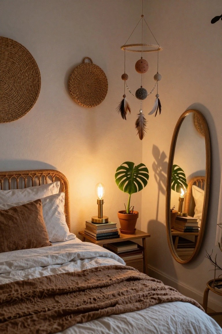 Bedroom corner featuring a rattan bed with beige linens, monstera plant in terracotta pot, brass lamp on wooden nightstand, oval wood mirror, woven wall baskets, and a hanging boho mobile with beads, spheres, and feathers.