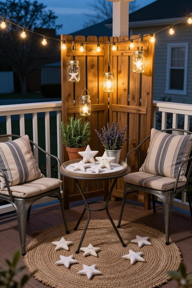 Wooden deck corner with two striped cushioned metal chairs around a small round table holding white starfish ornaments in a tray, seagrass rug with more starfish on it, wooden privacy screen hung with mason jar lanterns and string lights, potted rosemary and lavender plants, at dusk.