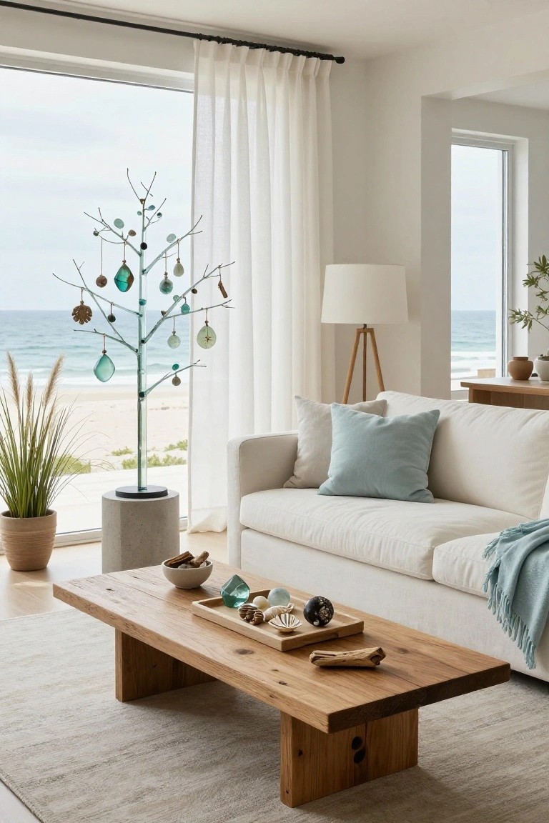 Coastal living room interior featuring a tall sculptural tree with blue-tinted branches and hanging sea glass, shell, and wooden ornaments on a concrete base, white sofa with blue pillows, wooden coffee table with decorative objects, potted plants, and ocean view through large windows.