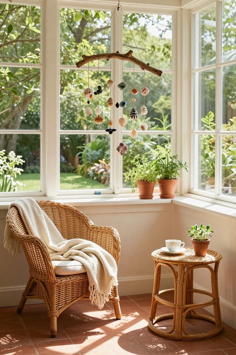 Sunlit sunroom corner with white wicker armchair draped in a cream blanket, rattan side table holding a teacup saucer and potted plant, herb pots on wide windowsills overlooking a garden, and a driftwood mobile with assorted shells beads and shapes suspended from the ceiling.