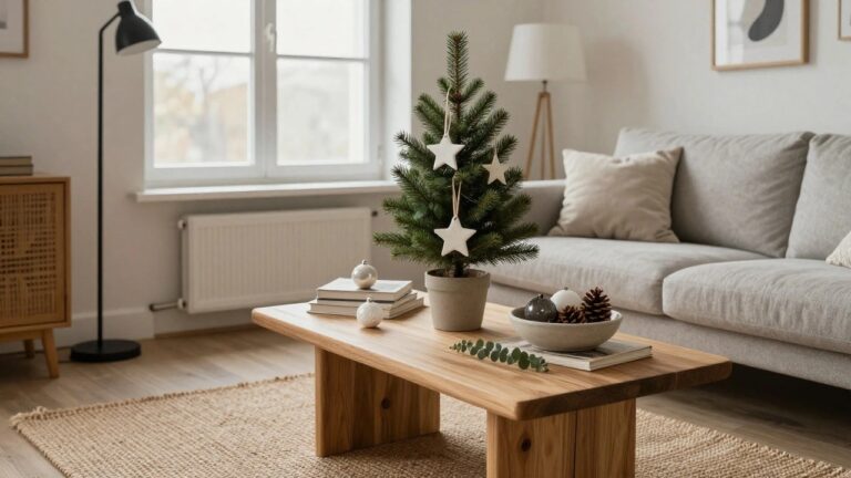 A small potted Christmas tree decorated with white star-shaped ornaments sits on a wooden stool in a light-filled living room with a gray sofa, black floor lamp, and neutral furnishings.