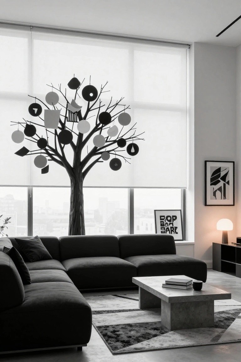 Black metal tree sculpture with hanging geometric shapes like circles and triangles in front of a large window with sheer blinds, beside a dark L-shaped sofa and concrete coffee table in a modern living room.