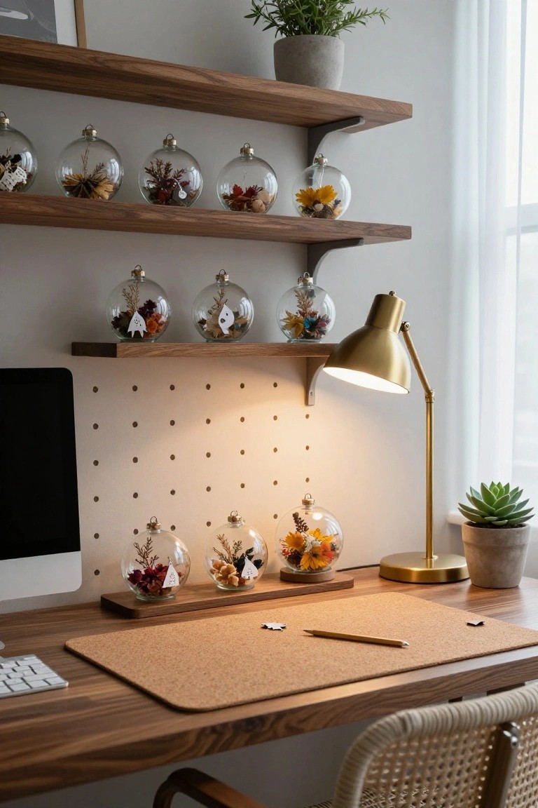 Wooden shelves above a home office desk display multiple clear glass Christmas baubles filled with dried flowers and plants, next to a gold desk lamp, Mac computer, pegboard wall, and potted succulents.