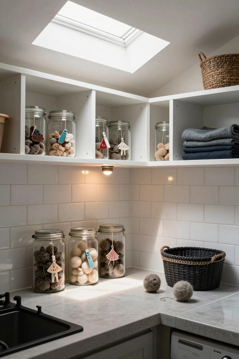 Kitchen corner featuring white open shelves with glass jars filled with felt balls, wooden mushrooms, wool yarn, and fabric items, countertop with sink and wicker basket below, skylight overhead.