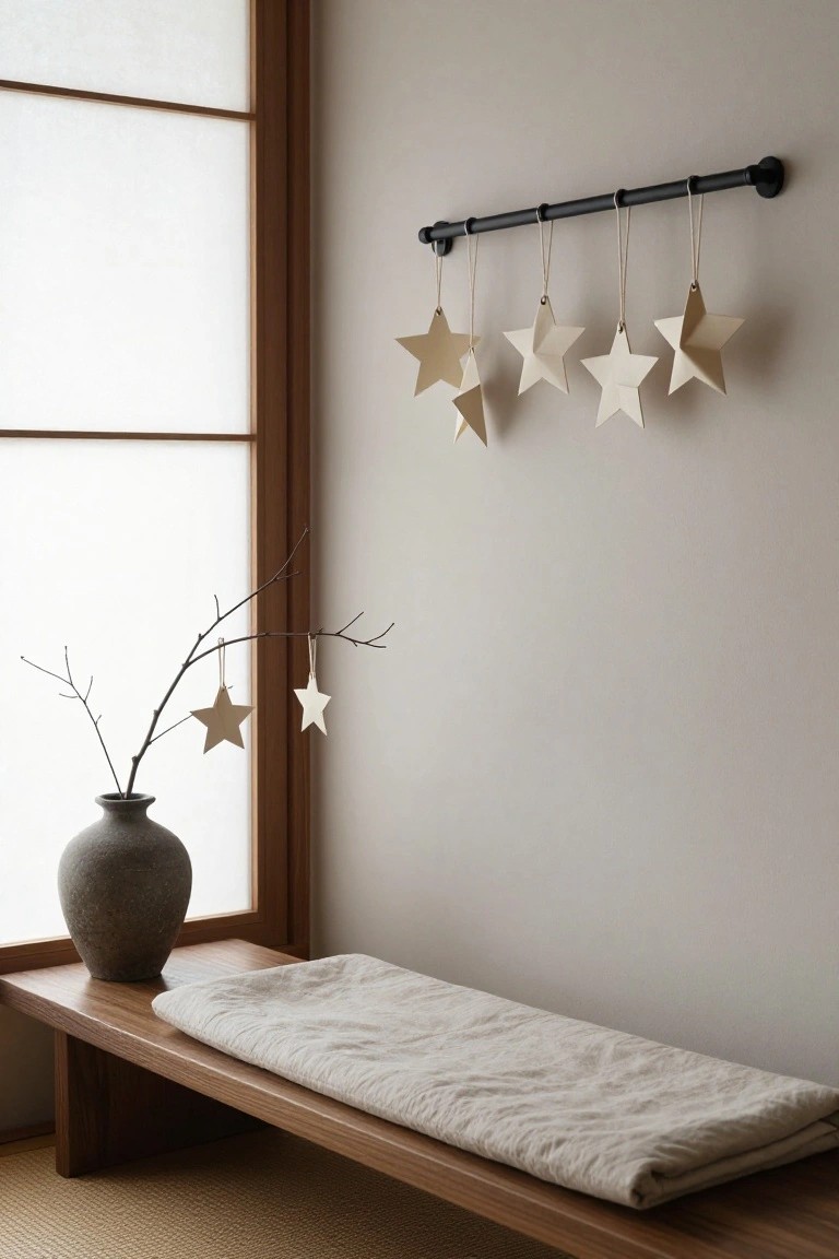Corner of a Japanese-style room with shoji screen window, low wooden bench covered in a light blanket, gray vase holding branches with hanging beige paper stars, and a black pipe rail above with more hanging paper stars.