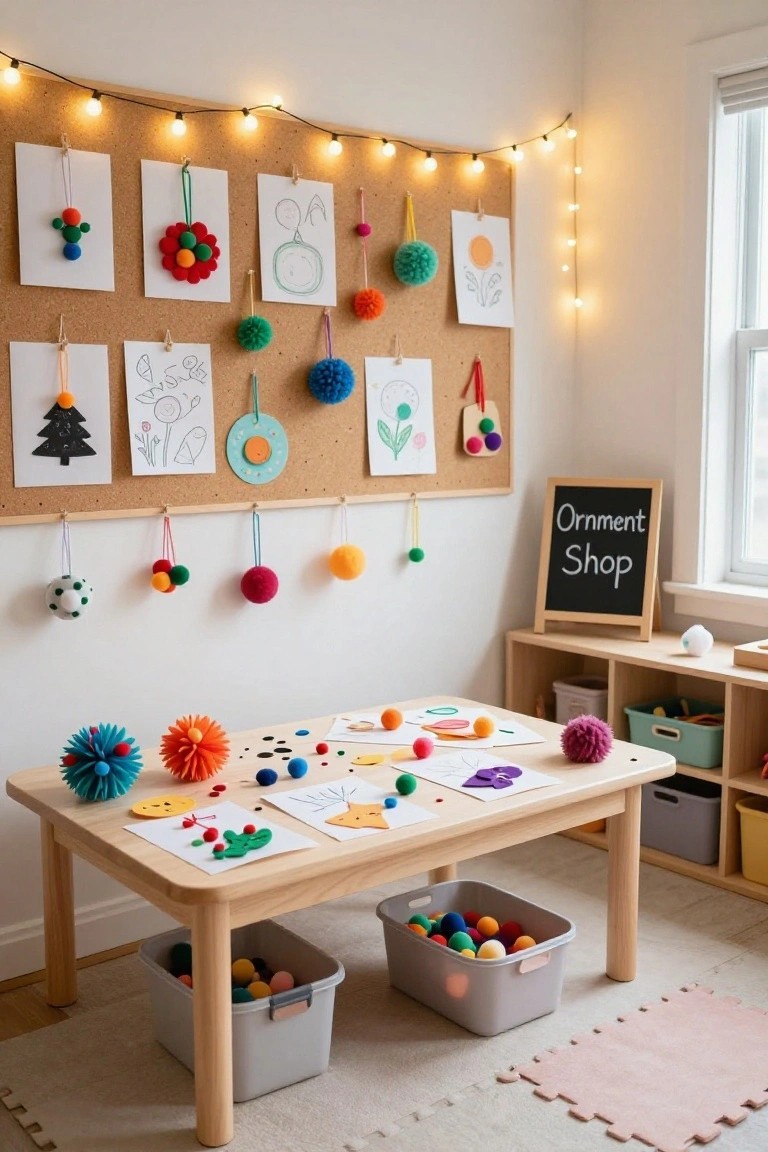 Children's indoor craft area with corkboard displaying paper drawings and pom-pom ornaments under string lights, wooden table with colored pom-poms, paper crafts, and bins, plus "Ornament Shop" chalkboard sign and nearby shelves.