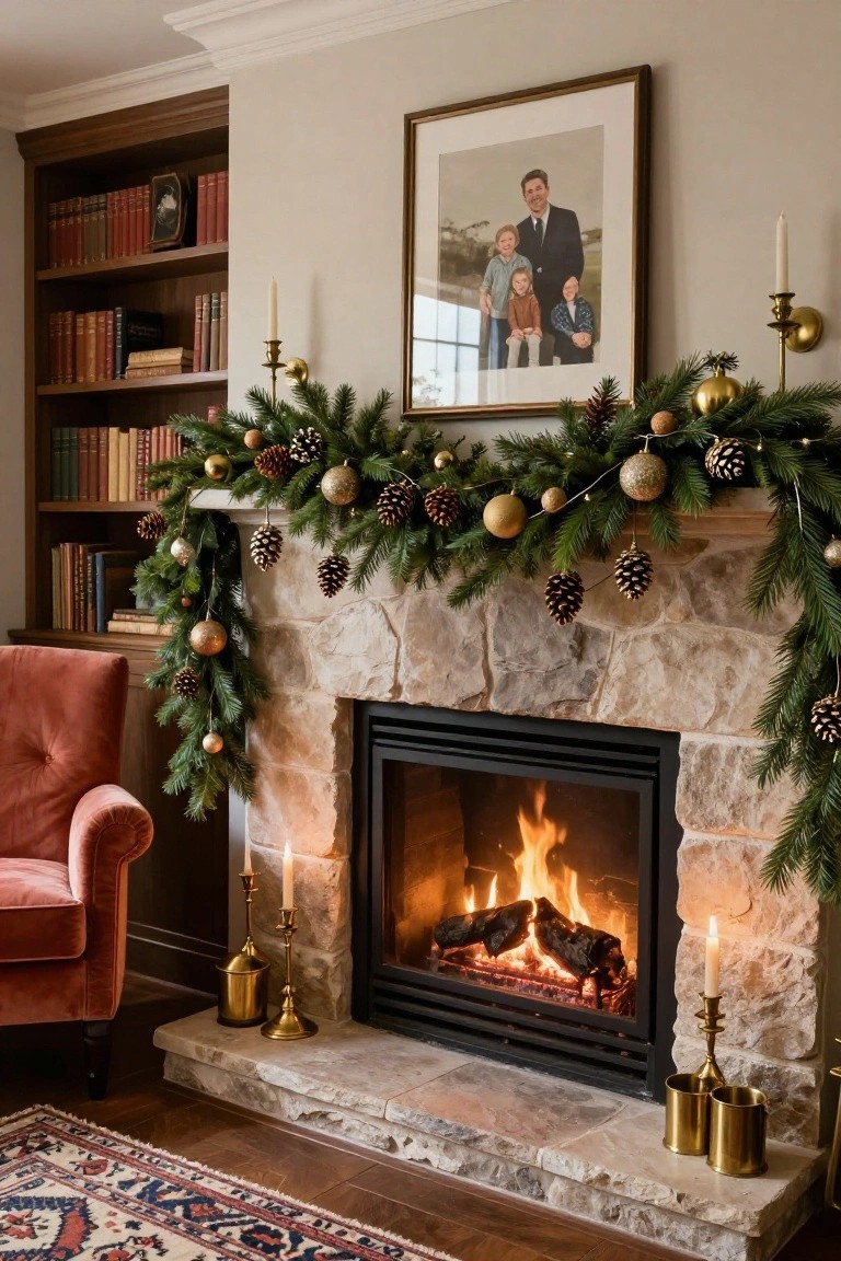 Cozy living room with a stone fireplace, pink armchair, and festive garland decor.