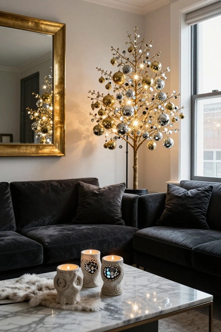 A corner of a living room featuring a tall artificial Christmas tree with metallic gold branches and gold and silver ball ornaments, lit with warm lights, beside black velvet sofas, a marble coffee table with ceramic candles and a fur throw, a large gold-framed mirror, and a window.