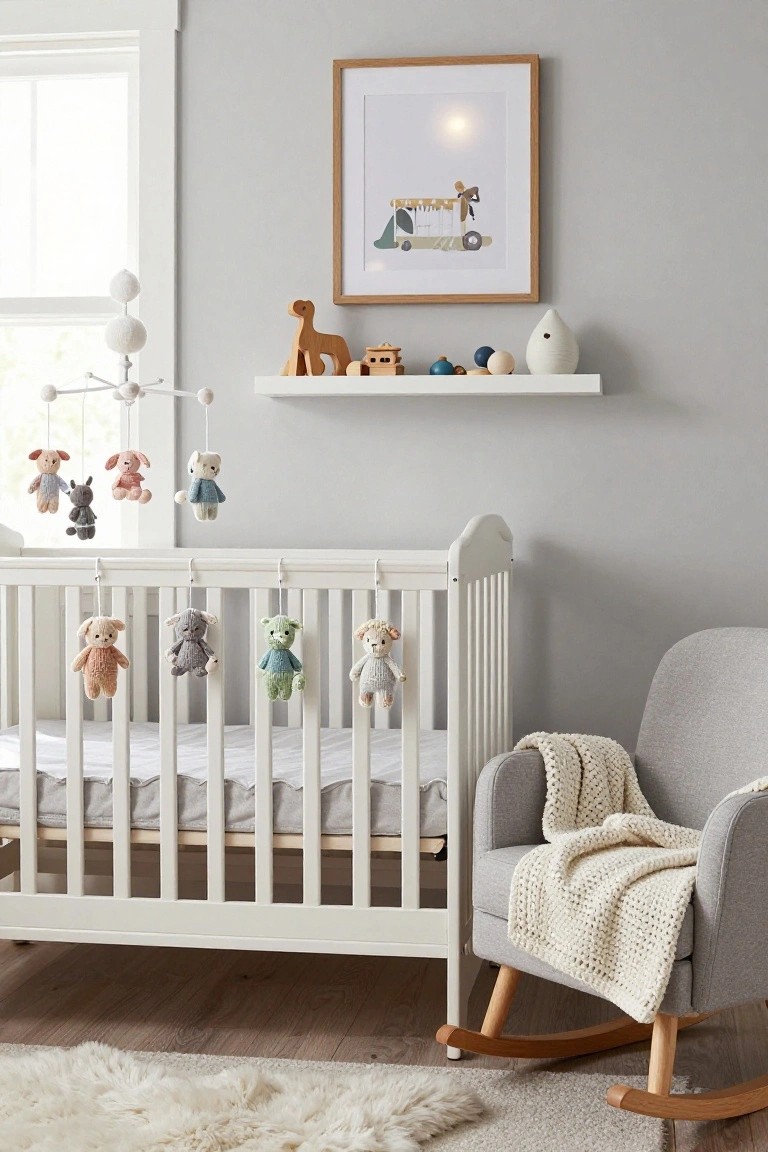 Cozy nursery interior with white crib holding stuffed animals hanging from rails, plush toy mobile overhead, wooden animal toys and balls on white floating shelf, gray rocking chair with knit blanket, neutral walls, and fluffy rug on wood floor.
