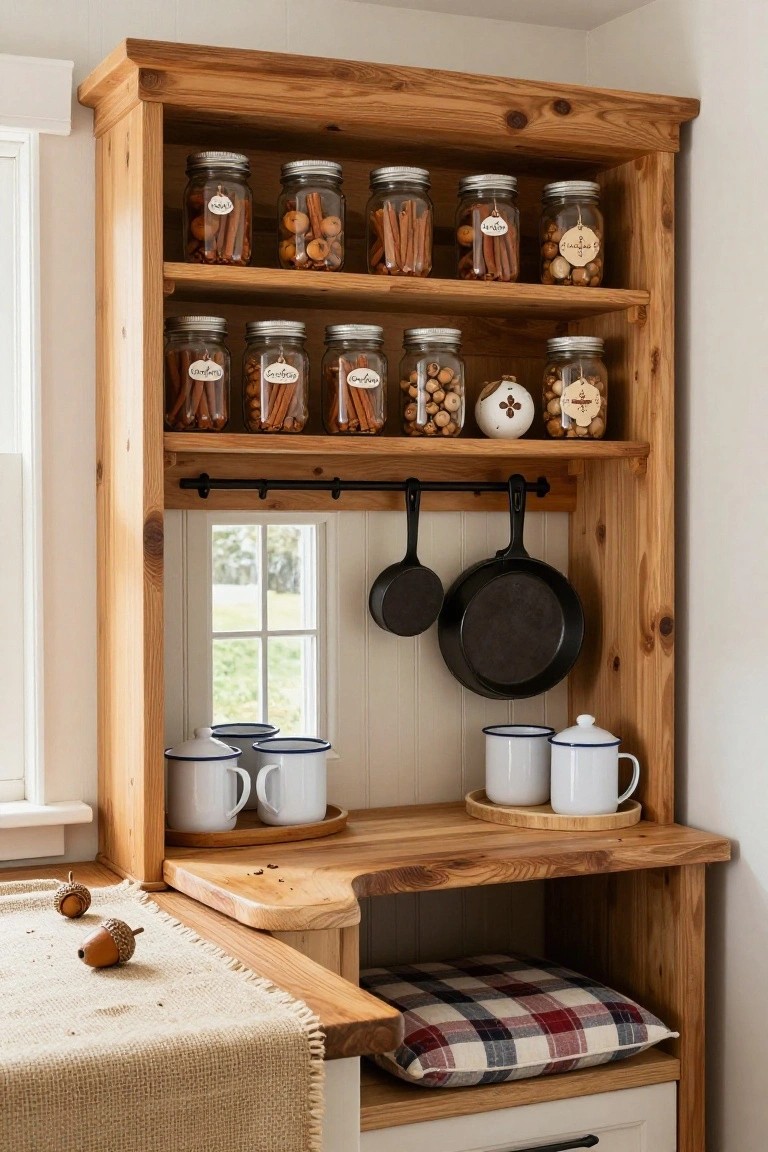 Wooden open shelving unit stocked with glass jars of cinnamon sticks, cloves, and nuts, hanging black pans, white mugs on a counter with acorns on burlap and a plaid cushion below.