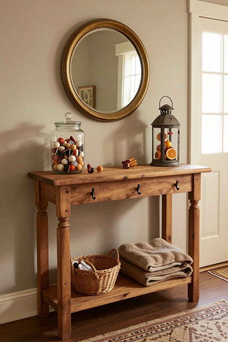 Rustic wooden console table in a beige entryway corner with a glass jar of colorful wooden balls, metal lantern holding dried orange slices, cinnamon sticks, small wooden toys, woven basket with towels and mittens, gold-framed round mirror on wall, white door nearby.