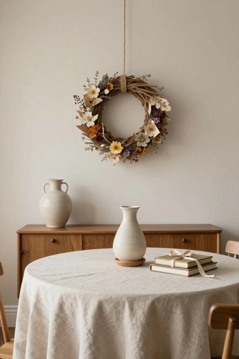 A circular wreath of dried flowers, grasses, and wheat in neutral tones hangs by rope on a light beige wall above a wooden sideboard holding two white ceramic vases, beside a round table draped in white linen with two ribbon-tied books and wooden chairs.