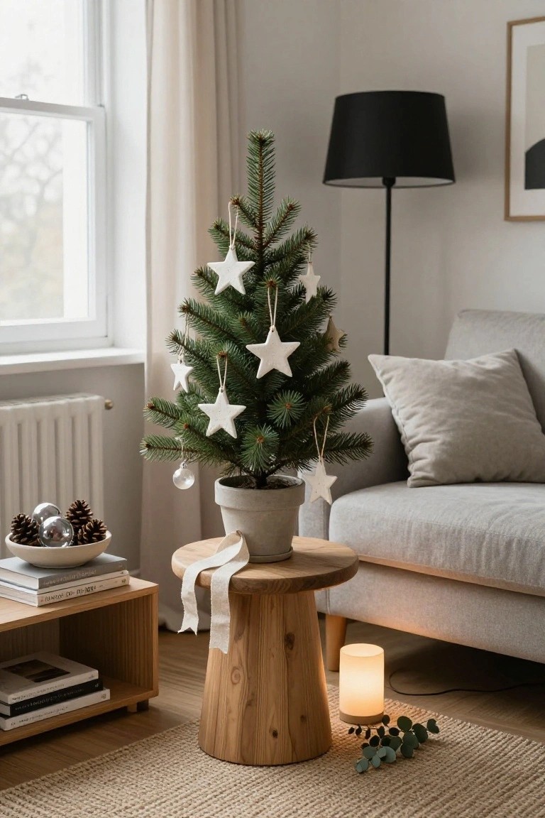 A small potted Christmas tree decorated with white star-shaped ornaments sits on a wooden stool in a light-filled living room with a gray sofa, black floor lamp, and neutral furnishings.