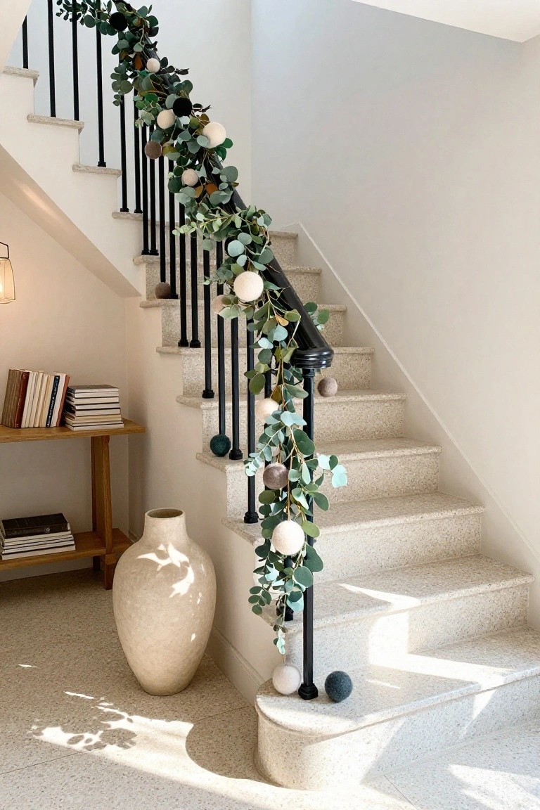 Staircase with black metal railing wrapped in green eucalyptus garland and white, gray, and black woolly pom-poms, beside a wooden bookshelf holding books and a large beige vase on a light terrazzo floor.