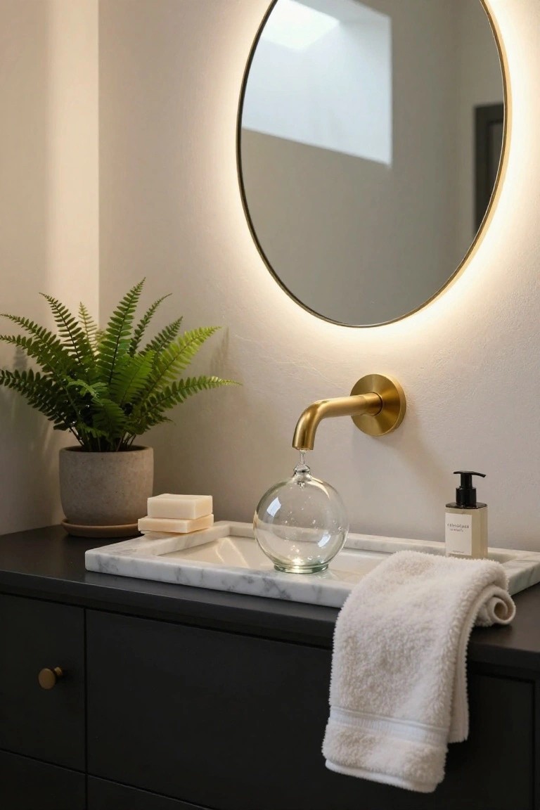 Bathroom vanity with black cabinetry, gold wall-mounted faucet over clear glass vessel sink on marble tray, round mirror with edge lighting, potted fern plant, soap bars, lotion bottle, and white towel.