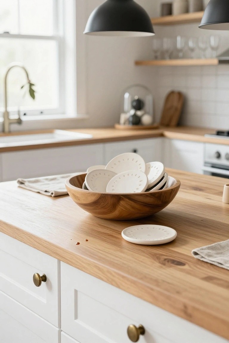 Wooden bowl on oak kitchen island holding a stack of white ceramic plates with dotted patterns, next to white cabinets with brass knobs, linen towels, and blurred kitchen background.