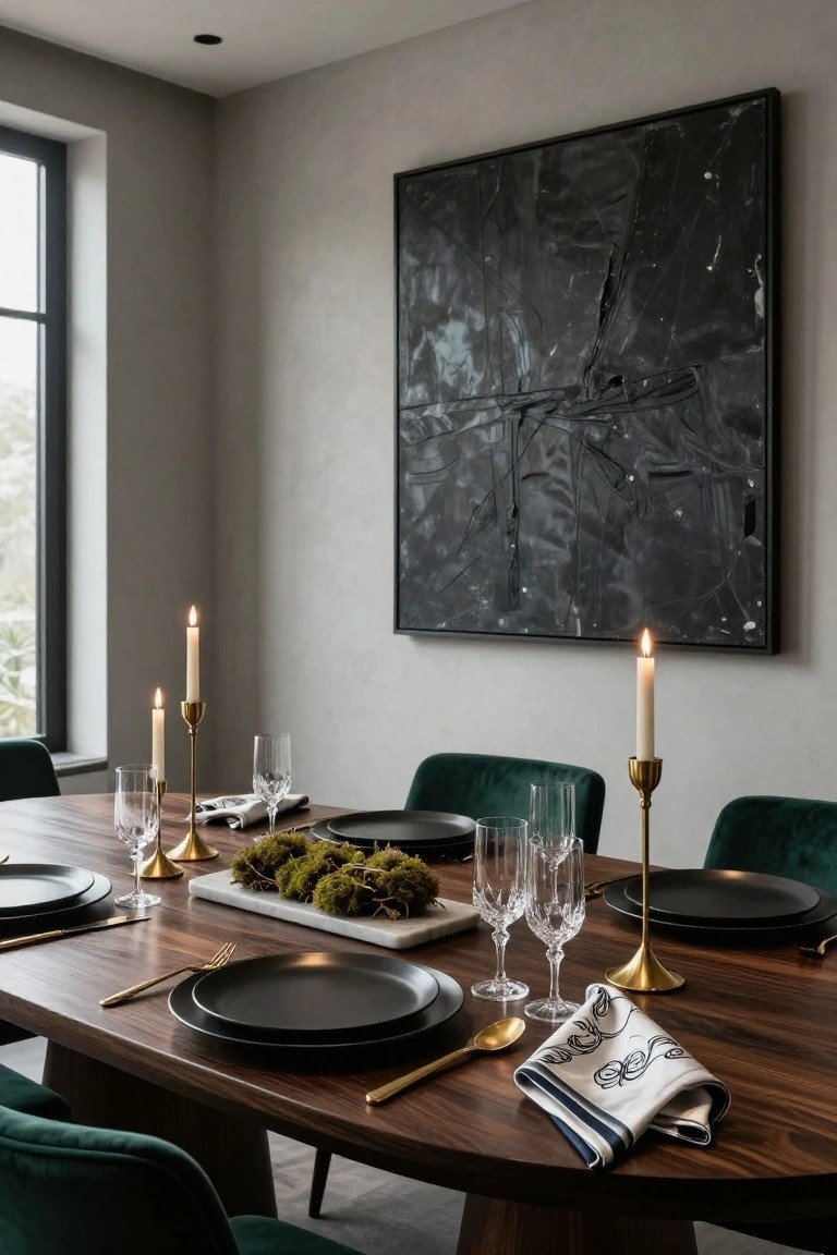 Modern dining room table set for a meal with matte black plates, gold flatware and candlesticks, preserved moss centerpiece on a wooden board, crystal glasses, white napkins with blue trim, and emerald green velvet chairs around an oval walnut table.
